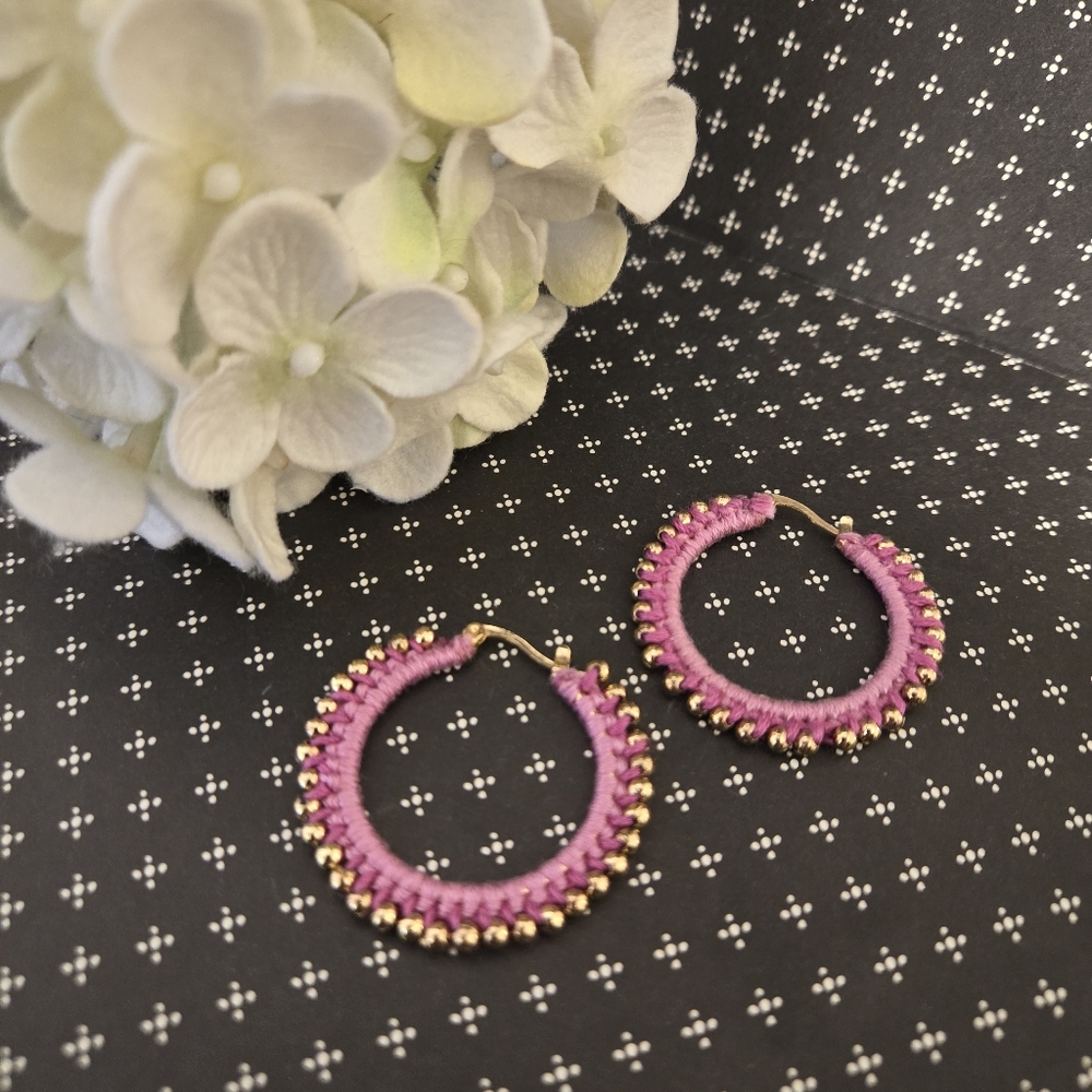 NWT Boutique Pink Beaded Thread Wrapped Crochet Hoop earrings